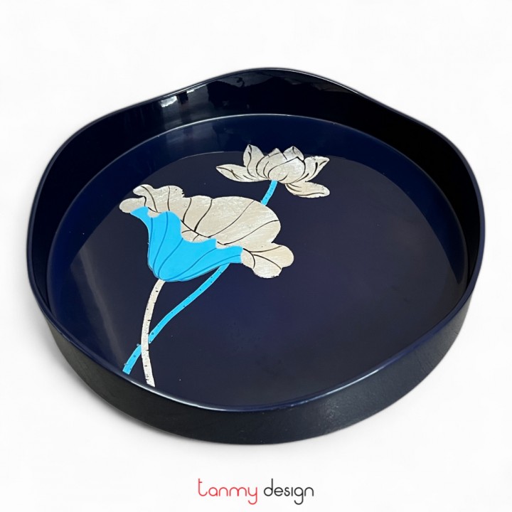 Navy blue round lacquer tray, wavy rim hand-painted with lotus 27cm